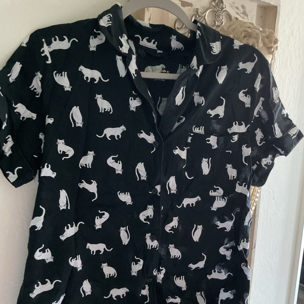 Kate Spade Black Blouse with White Cat Design